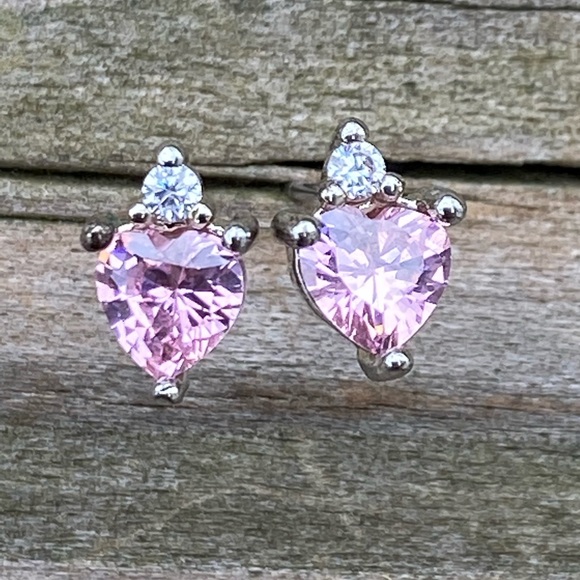SOLD Pink Crystal Topaz heart stud earrings with white cz accent antiqued silver - Picture 2 of 9